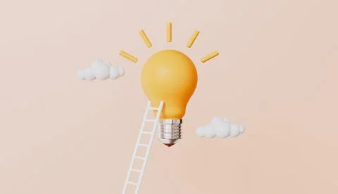 Light bulb with white cloud above the ladder isolated on pastel color background Ilustração Stock