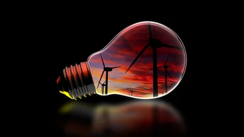 Light Bulb with Wind Turbine Sunset Inside - Clean Energy Concept - 3D Render Stock Footage 103578485