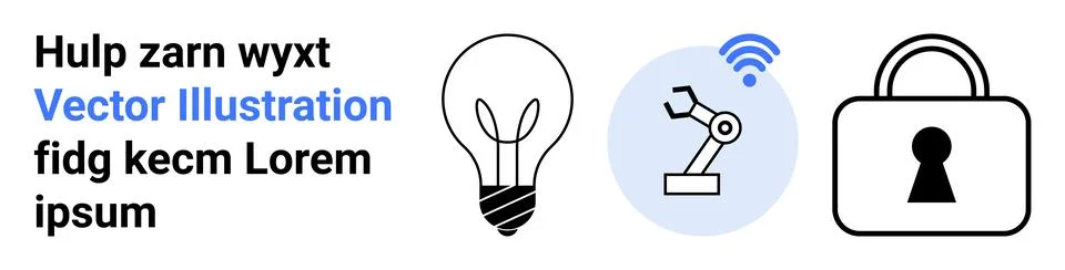 Light bulb, wireless robotic arm, and lock icons representing creativity, aut Stock Illustration