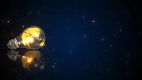 Light bulb world map background glowing golden earth, blue star space Stock Footage 334100045