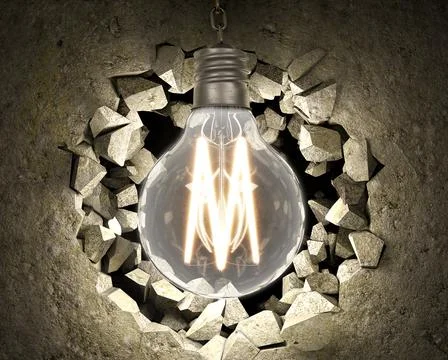 Light bulb like a wrecking ball in front of the hole in destroyed wall, 3d il Stock Illustration