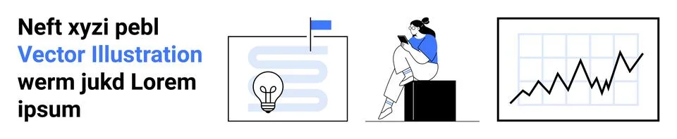Light bulb with a zigzag path, person reading a book while sitting on a block Stock Illustration