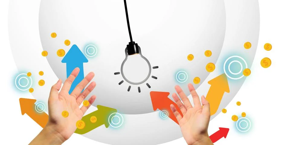 Light bulbs and arrows with two hands in the concept of creative online business Stock Illustration
