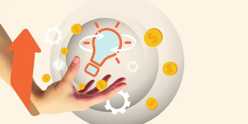 Light bulbs and ideas for different financial growth along with hands and gold Stock Illustration