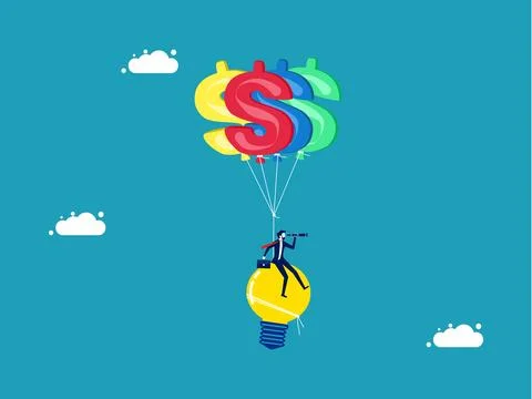 Light bulbs are hung with dollar sign balloons. Smart business people are loo Stock Illustration