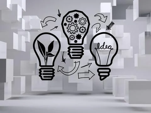 Light bulbs on background with cubes Stock Illustration