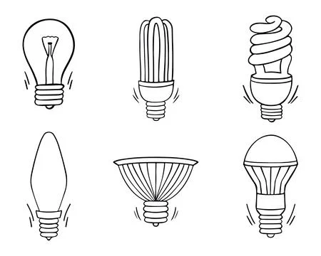 Light bulbs. Bulb icon collection in doodle style Stock Illustration