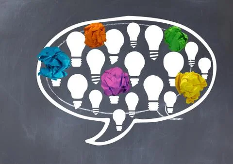 Light bulbs chat bubble with crumpled paper balls in front of blackboard Illustrazione stock