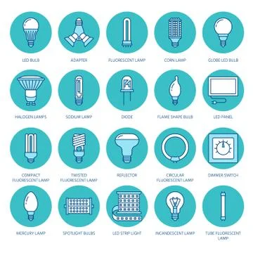 Light bulbs colored flat line icons. Led lamps types, fluorescent, filament Illustrazione stock