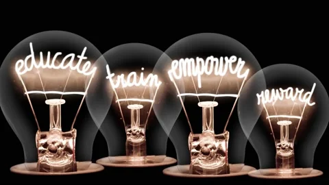 Light Bulbs with Educate, Train, Empower and Reward Concept Video stock 150576211
