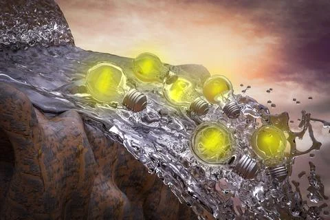 Light bulbs fall from a waterfall at sunset magenta day demonstrating idea fa Stock Illustration