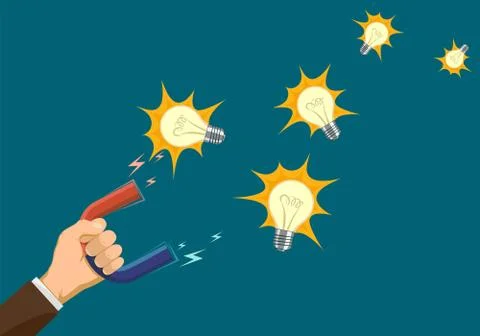 Light bulbs fly to a magnet in a human hand. Stock-Illustration
