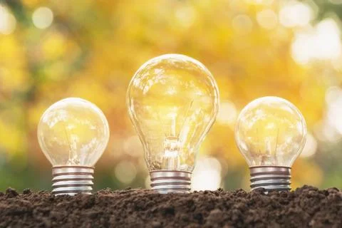 Light bulbs with glowing. Idea, creativity and solar energy concept with ligh Stock Photos