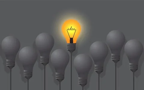 Light bulbs with glowing one different idea on pastel gray background. idea b Stock Illustration