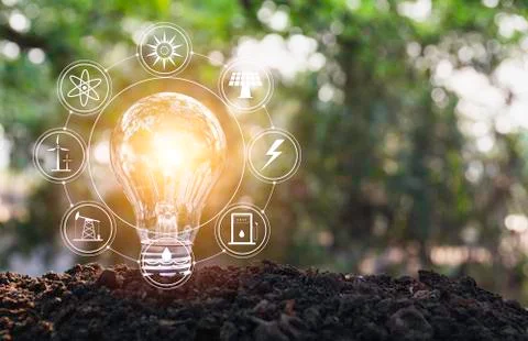 Light bulbs with glowing one. technology and creativity concept with light bu Stock Photos