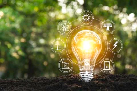 Light bulbs with glowing one. technology and creativity concept with light bu Stock Photos