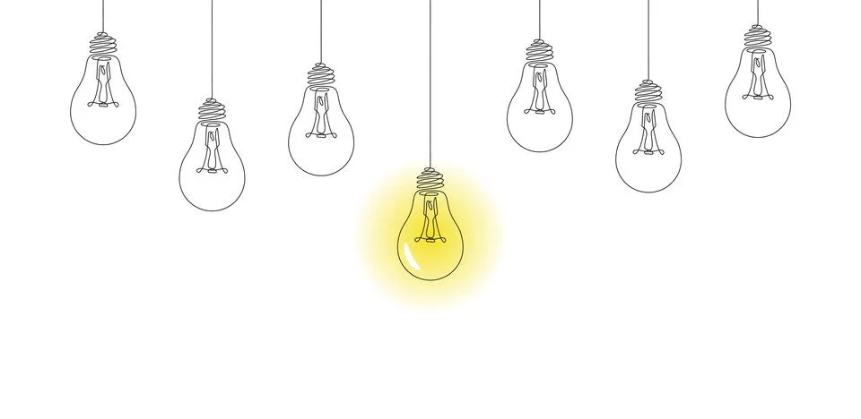 Light bulbs hanging down with one glowing. Creative idea, business concept Stock Illustration