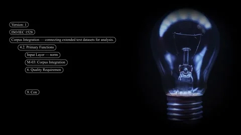 Light bulbs illuminate against a black background, and scrolling text appears Stock Footage 346814427