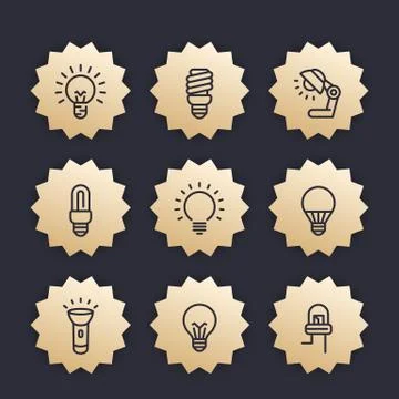Light bulbs line icons, vector badges, LED, fluorescent, CFL, halogen Stock Illustration