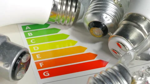 Light bulbs next to an energy efficiency scale, ranging from green A to red G Stock Footage 170304503