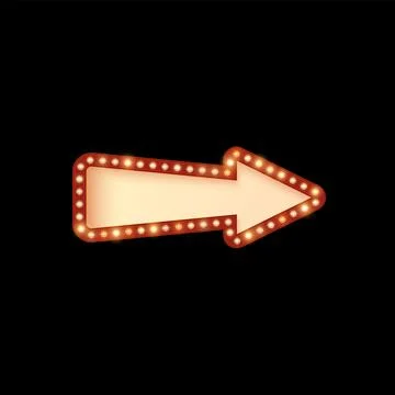 Light bulbs on red arrow frame, vector direction sign lamp border, retro pointer Stock Illustration