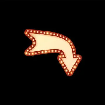 Light bulbs on red arrow frame, curved direction sign lamp border, retro pointer Stock Illustration