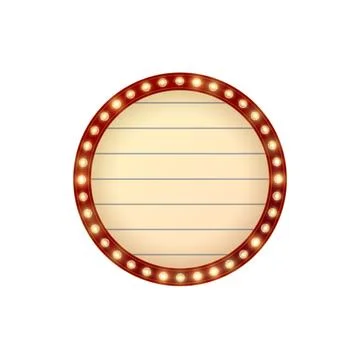 Light bulbs on red circle frame, lamp round border, retro wall billboard Stock Illustration