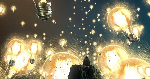 Light bulbs representing person with idea. Imaginary world. Illustrazione stock