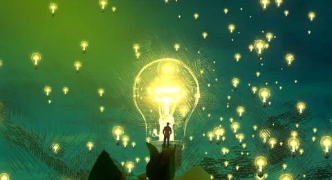 Light bulbs representing person with idea. Imaginary world. Stock Illustration