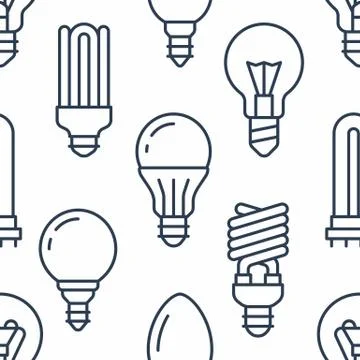 Light bulbs seamless pattern with flat line icons. Led lamps types, fluorescent Stockillustratie