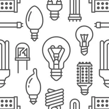 Light bulbs seamless pattern with flat line icons. Led lamps types, fluorescent Illustrazione stock