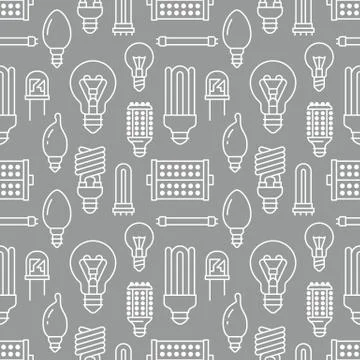 Light bulbs seamless pattern with flat line icons. Led lamps types, fluorescent 스톡 일러스트