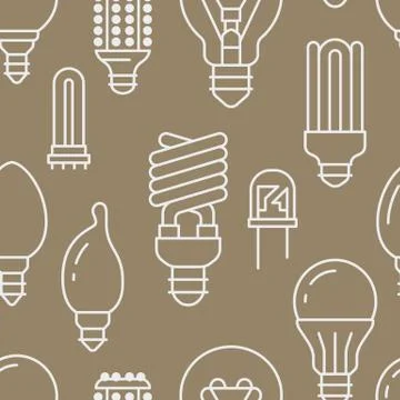 Light bulbs seamless pattern with flat line icons. Led lamps types, fluorescent Illustrazione stock