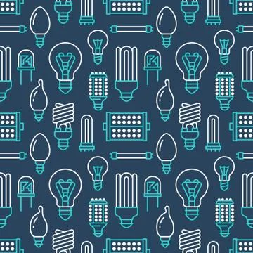 Light bulbs seamless pattern with flat line icons. Led lamps types, fluorescent Illustrazione stock