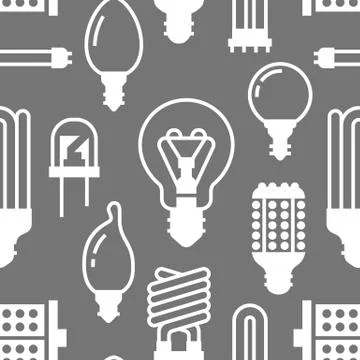 Light bulbs seamless pattern with flat glyph icons. Led lamps types, fluorescent Illustrazione stock
