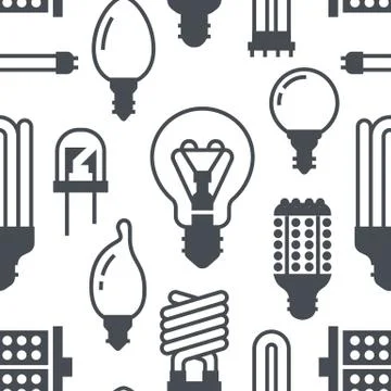 Light bulbs seamless pattern with flat glyph icons. Led lamps types, fluorescent Stock Illustration