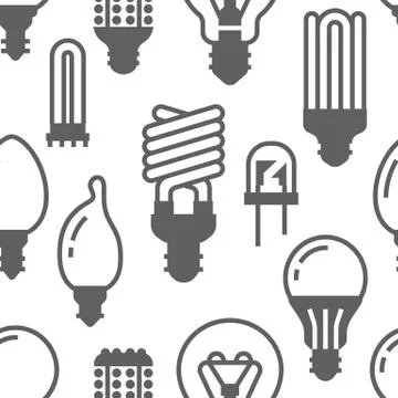 Light bulbs seamless pattern with flat glyph icons. Led lamps types, fluorescent 库存插图