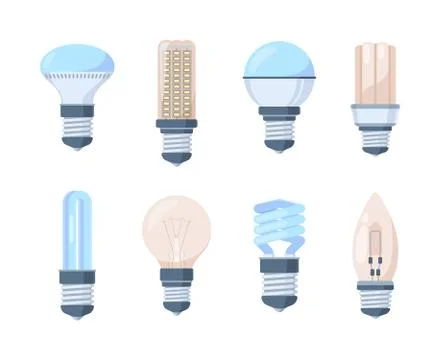 Light bulbs set. Fluorescent retro modern lamps innovative bright halogen spiral Stock Illustration