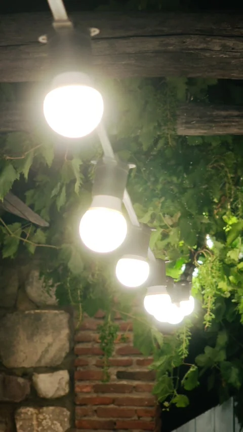 Light bulbs swinging gently under a wooden beam Stockbeeldmateriaal 312122811