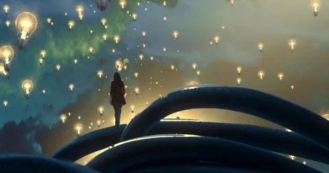 Light bulbs symbolism representing idea. Lonely person standing on edge. Stock Illustration