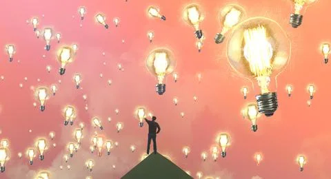 Light bulbs symbolism representing idea. Lonely person standing on edge. Stock Illustration