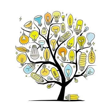 Light bulbs on tree. Ecology Concept art. Symbol of creativity, innovation Stock Illustration
