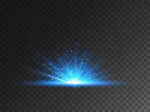 Light burst on transparent backdrop. Blue star with bright glitter. Luxury light Stock Illustration
