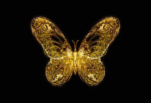 Light butterfly on black background, drawing and computer collage Stock Illustration