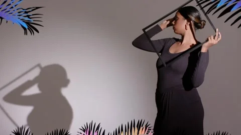 Light casting shadow, model stepping in, framing face with square, palm graphics Stock Footage 334120540