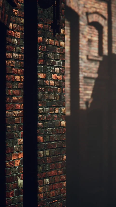 Light casting shadows on a brick wall in an urban setting during daytime Stock Footage 346758096