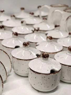 Light ceramic kitchenware including sauce dishes sugar bowls and napkin hol.. Stock Photos