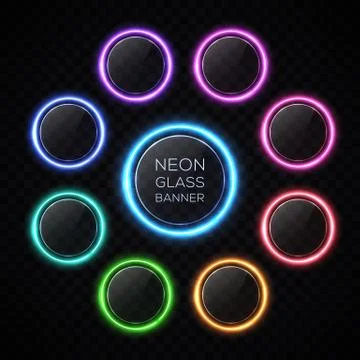 Light circle neon buttons set glass texture banner Stock Illustration