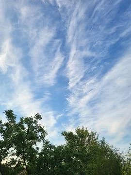 Light cirrus clouds against a bright blue sky, meteorology and high atmosphere Stock Photos