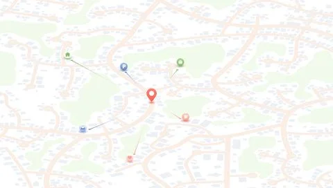 Light city map with central red pin connected by arrows to home parking shop and Stock Illustration